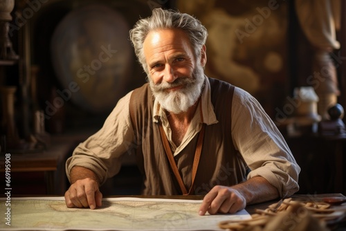 Mature man with a serene smile, navigating through ancient maps.