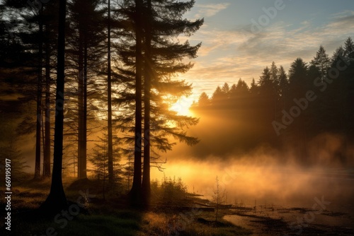 Misty forest landscape at sunrise.