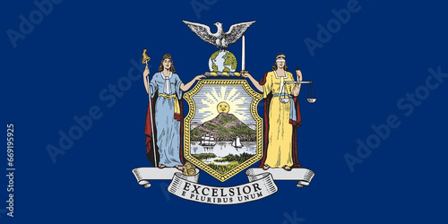 The official current flag of New York state USA. State flag of New York. Illustration.