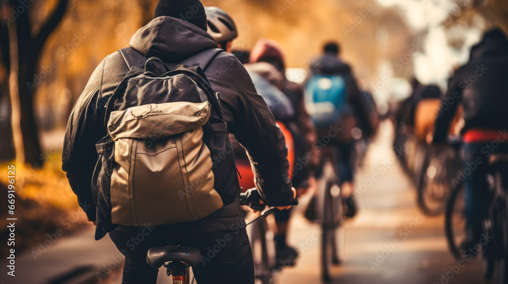 Naklejka premium Riders with backpacks on bikes in urban environment.