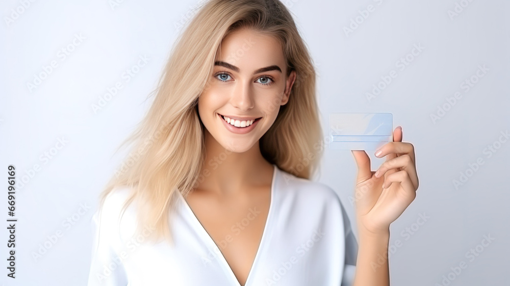 Portrait of smiling happy young blonde girl showing plastic credit card on white background. woman holding credit card with copy space. mockup. ai. Portrait of smiling happy young blonde girl showing plastic credit card on white background. woman holding credit card with copy space. mockup. ai.