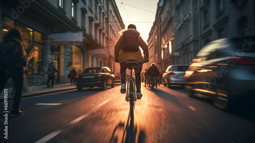 Woman riding bicycle along the street at sunset.