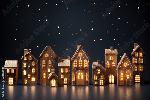 Christmas gingerbread houses with golden lights and snowflakes on dark background. Generative Ai