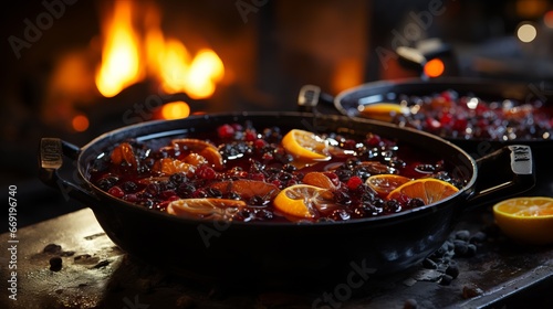  cooking mulled wine in a glass cup in a saucepan. Hot wine with spices and citrus slices. Sweet Christmas alcoholic drink with cinnamon and cloves. © Neuro architect