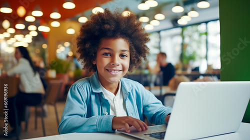  portrait of afro american school boy learning at a laptop in the school photo