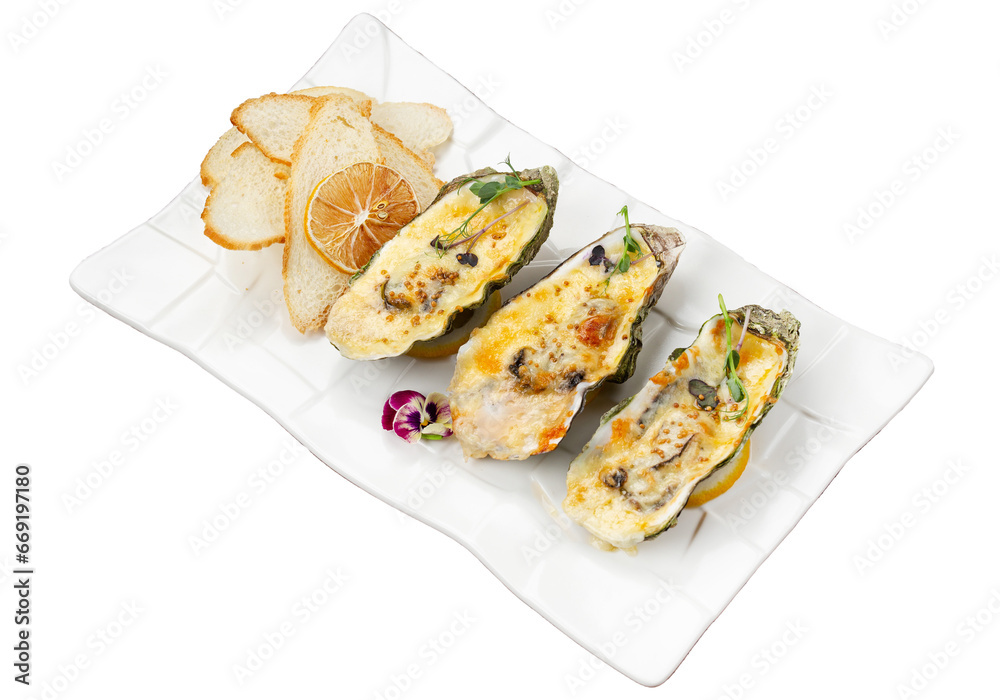 Baked mussels with cheese. Isolated seafood dish for menu. Baked mussels with cheese. Isolated seafood dish for menu.
