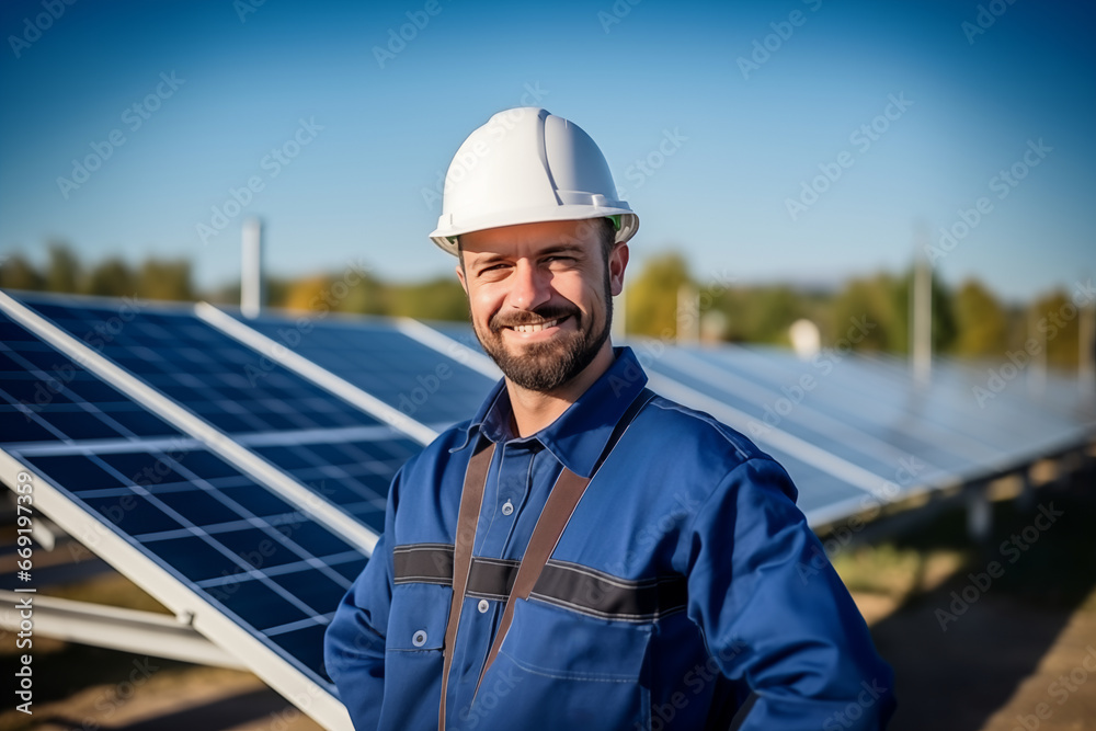 Happy solar technician skilled worker in renewable energy solar farm jobs, Electrician engineer at the installation of solar panels. Background with selective focus Happy solar technician skilled worker in renewable energy solar farm jobs, Electrician engineer at the installation of solar panels. Background with selective focus