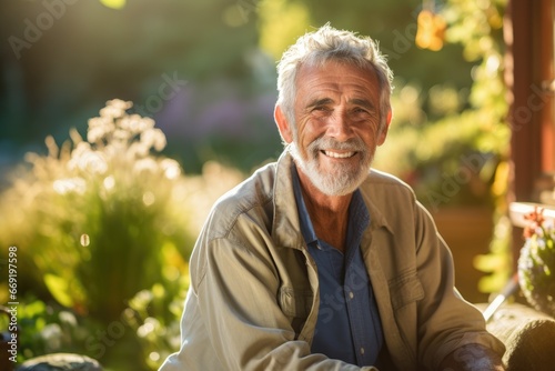 Senior man with a sunlit smile, enjoying garden tranquility.