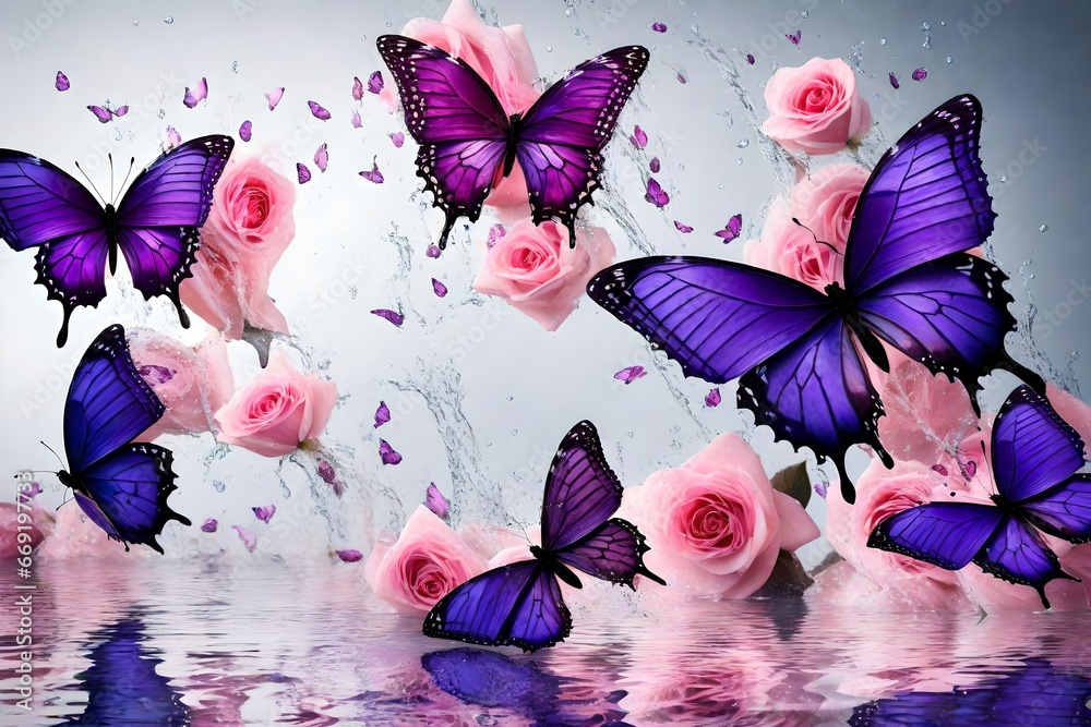 purple  with deep bluish shade of butterflies with pink and white roses wondering here and there 