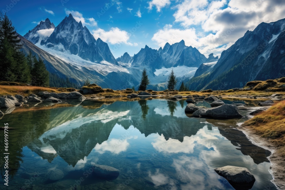 Tranquil alpine mountain lake reflecting surrounding peaks.