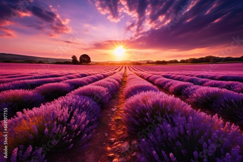 Sunlit blooming lavender fields at dusk.