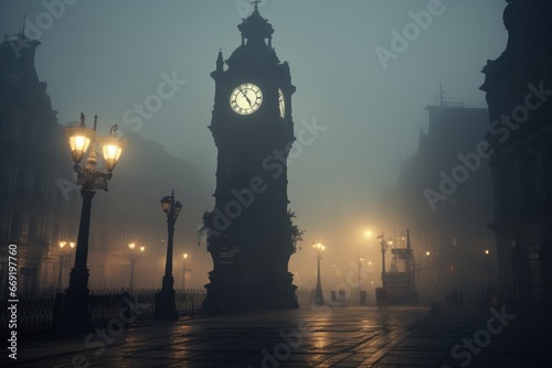 Timeless clock tower in a foggy city square. photo