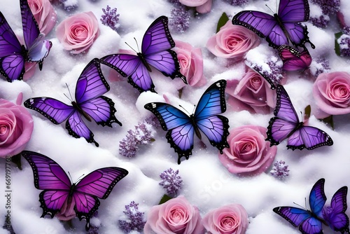 purple  with deep bluish shade of butterflies with pink and white roses wondering here and there 
