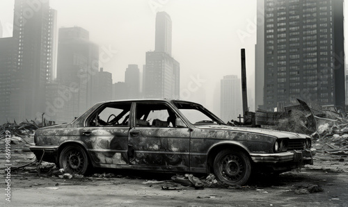 Abandoned, wrecked car in a city. © Lidok_L