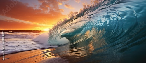 Roll of blue sea waves with white foam isolated on sunset background. © GoDress