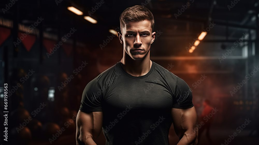Portrait Of Happy Young Sporty Guy Posing At Gym Interior, Handsome Middle Male Athlete . Ready For Training.Copy Space. advertising Modern Sport Club. ai Portrait Of Happy Young Sporty Guy Posing At Gym Interior, Handsome Middle Male Athlete . Ready For Training.Copy Space. advertising Modern Sport Club. ai