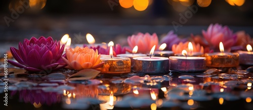 Diwali background wth lotus. Lighted candles on Indian festival. Diwali candles on water