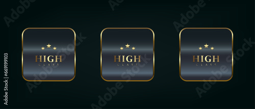 Set of three Gold rectangle button with frame vector illustration. 3d golden glossy elegant design for empty emblem, medal or badge, shiny and gradient dark background