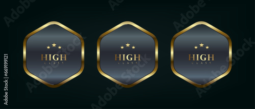 Three polygon button used in UI, UX vector illustration with frame 3d golden glossy elegant design for empty emblem, medal or badge, shiny and gradient dark background