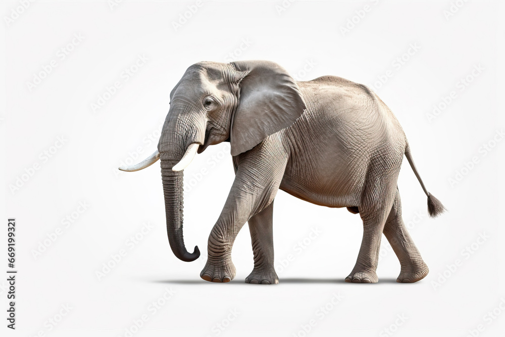 Obraz premium Majestic March: An African Elephant on a White Canvas,elephant isolated on white background