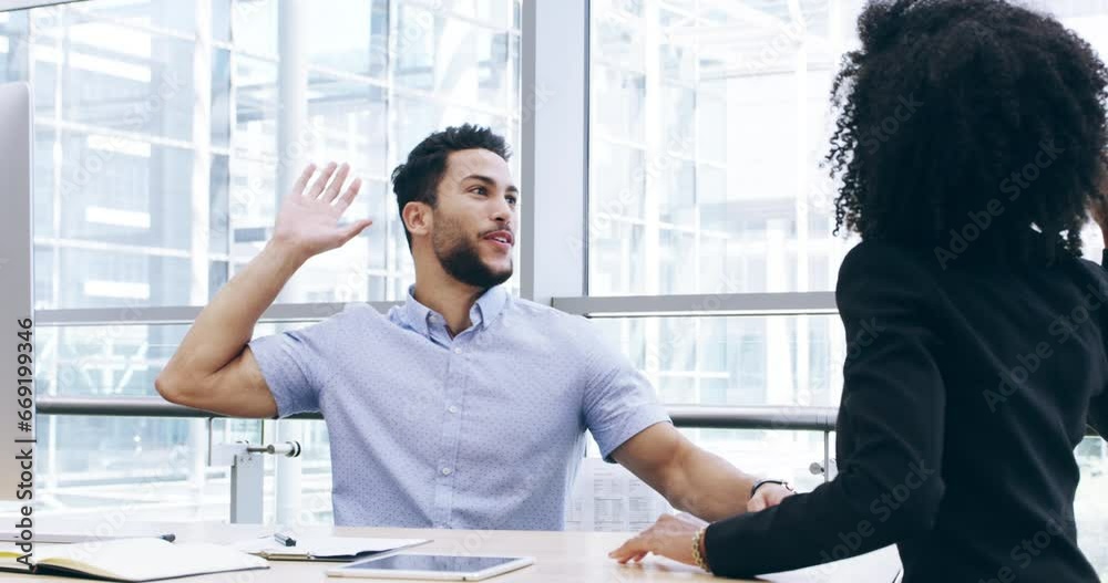 Business people, high five and teamwork in promotion, meeting or success together at office. Businessman and woman touching hands for team achievement, sale or celebration in deal at workplace Business people, high five and teamwork in promotion, meeting or success together at office. Businessman and woman touching hands for team achievement, sale or celebration in deal at workplace