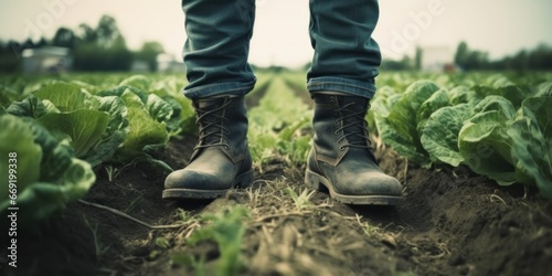 The farmer in boots stands on his land against a backdrop of greenery. Close-up of the farmer s legs in boots.