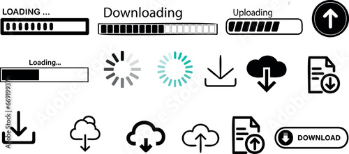 vector illustration featuring trending design of loading, downloading, and uploading progress bars and buttons. Perfect for web and mobile applications. digital communication icon set.