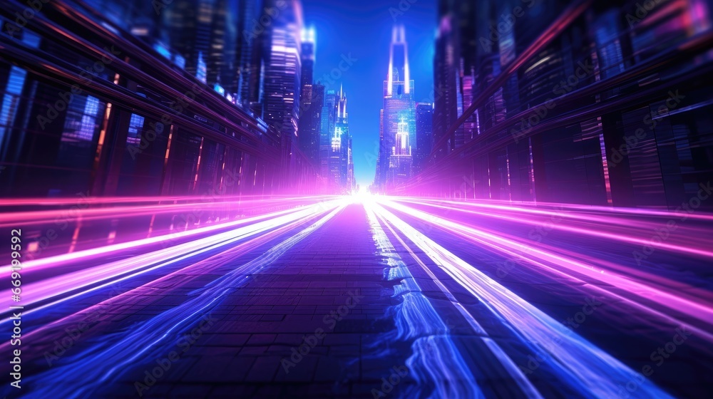 Abstract long exposure dynamic speed light trail through modern mega city and skyscraper city with futuristic neon technology background. Abstract long exposure dynamic speed light trail through modern mega city and skyscraper city with futuristic neon technology background.