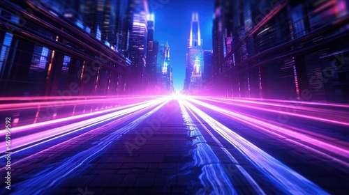 Abstract long exposure dynamic speed light trail through modern mega city and skyscraper city with futuristic neon technology background.