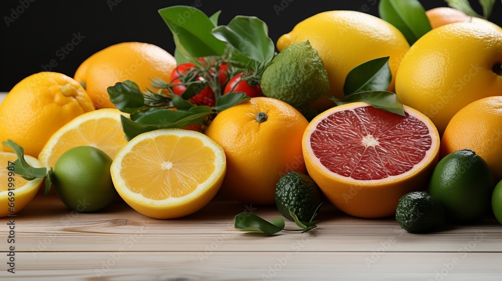 Citrus assortment of grapefruit with lemons and orange. Delicious vitamin composition of orange fruits. Healthy eating and diet food, banner on a white background. Citrus assortment of grapefruit with lemons and orange. Delicious vitamin composition of orange fruits. Healthy eating and diet food, banner on a white background.