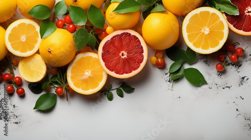 Citrus assortment of grapefruit with lemons and orange. Delicious vitamin composition of orange fruits. Healthy eating and diet food  banner on a white background.