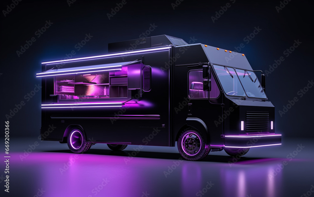 An illuminated backdrop highlights a black food truck, featuring a well-detailed interior from a side perspective. This mobile eatery specializes in takeout food, and the image is produced using 3D re