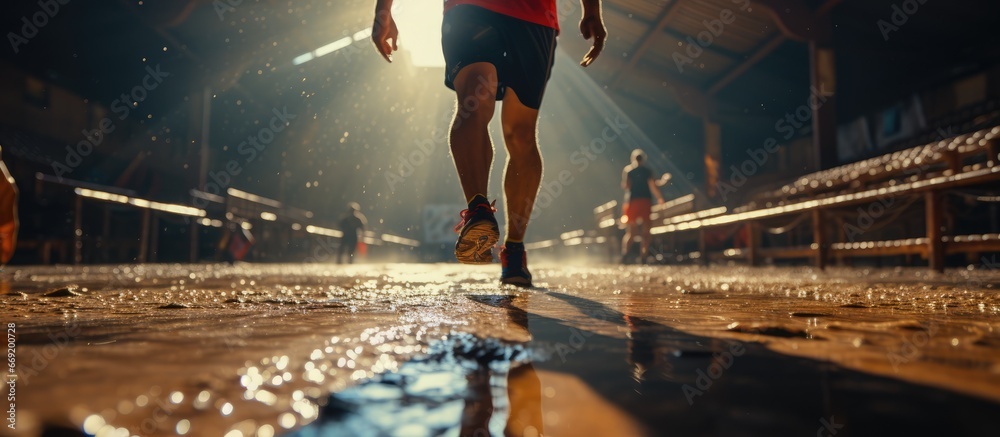 Runner athlete starts running on the arena, low angle view - obrazy, fototapety, plakaty 