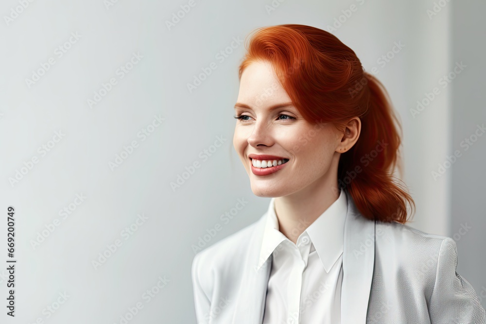 profile view of american business red hair woman smiling against light background, copy space profile view of american business red hair woman smiling against light background, copy space