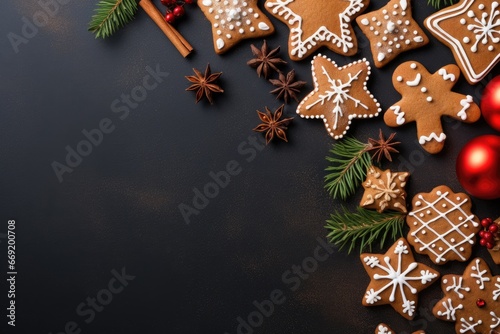 Christmas gingerbread cookies and spices on black background. Top view with copy space. Generative Ai