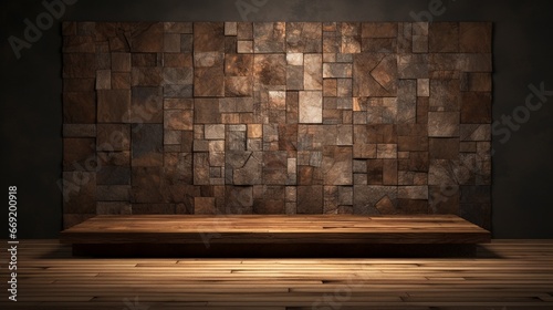 Podium with mosaic tiles creating an antique, distressed wood appearance.