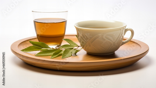 A cup and a glass of tea on a tray