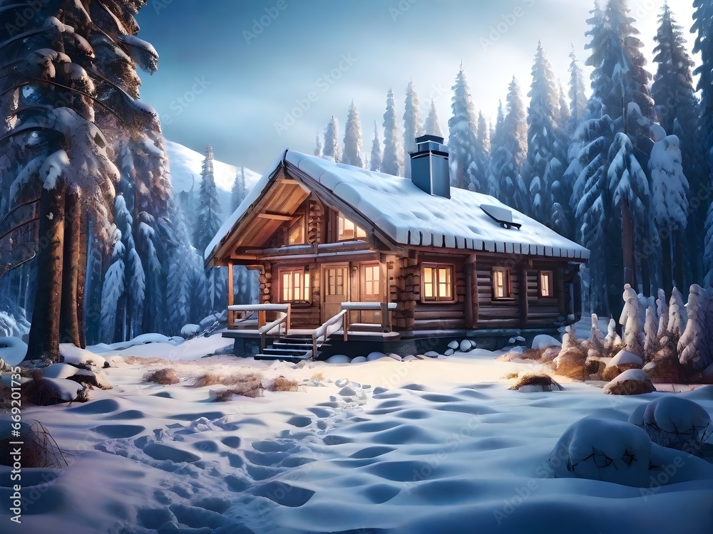 Fantastic winter landscape with glowing wooden cabin in snowy forest. Generative AI
