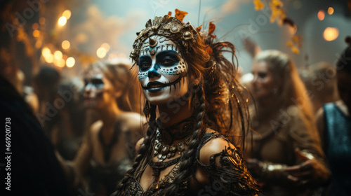 A Halloween party with people dressed in amazing costumes, dancing to scary music, Halloween