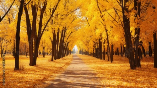 Pathway between autumn trees. Wonderful autumn leaves landscape in forest