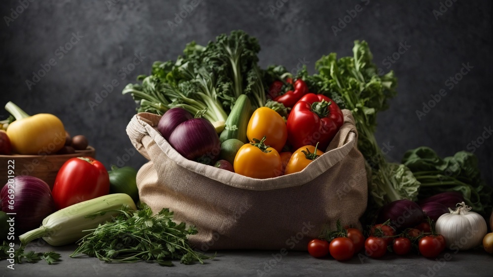 Fresh vegetables in an eco bag on a gray background Fresh vegetables in an eco bag on a gray background
