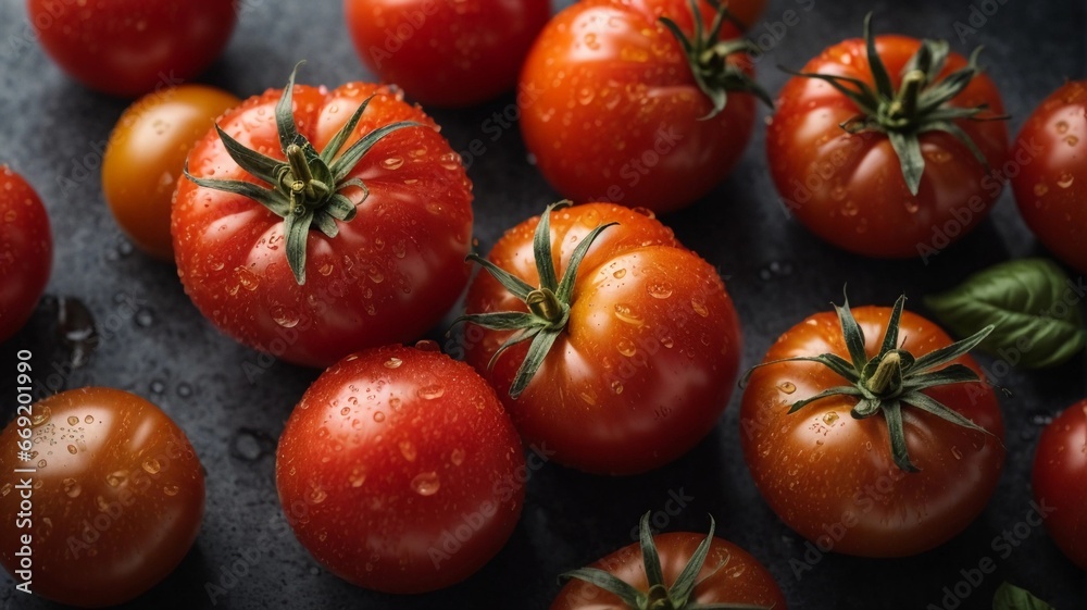 Top view of ripe fresh tomatoes with water drops on gray background, closeup Top view of ripe fresh tomatoes with water drops on gray background, closeup