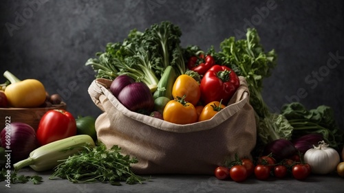 Fresh vegetables in an eco bag on a gray background