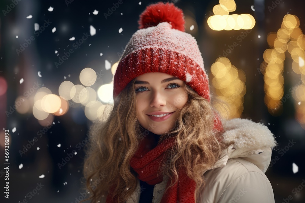 Portrait of a happy young blonde woman with long hair in snowy evening weather against the background of Christmas lights of the city. Portrait of a happy young blonde woman with long hair in snowy evening weather against the background of Christmas lights of the city.