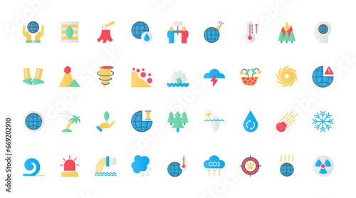 Global environment disasters due to climate change flat icons set vector illustration. Symbols of extreme weather problems, earthquake and drought, ocean storm and hurricane, melting ice.