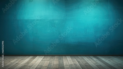Blue turquoise empty wall and wooden floor with interesting glare from Interior background for the presentation photo