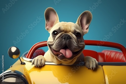 Cute bulldog dog in a convertible. The concept of tourism, travel. © Alexandr