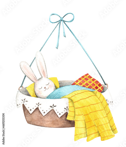 A cute little rabbit sleeping in the cradle. Hand drawn watercolor illustration for children design in cartoon style, not AI. Pillows, blankets, lace bed linen. Isolated on a white background.