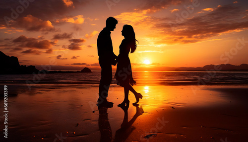 Silhouettes of a man and woman congratulating each other on the seashore against the backdrop of sunset on Valentine's Day.