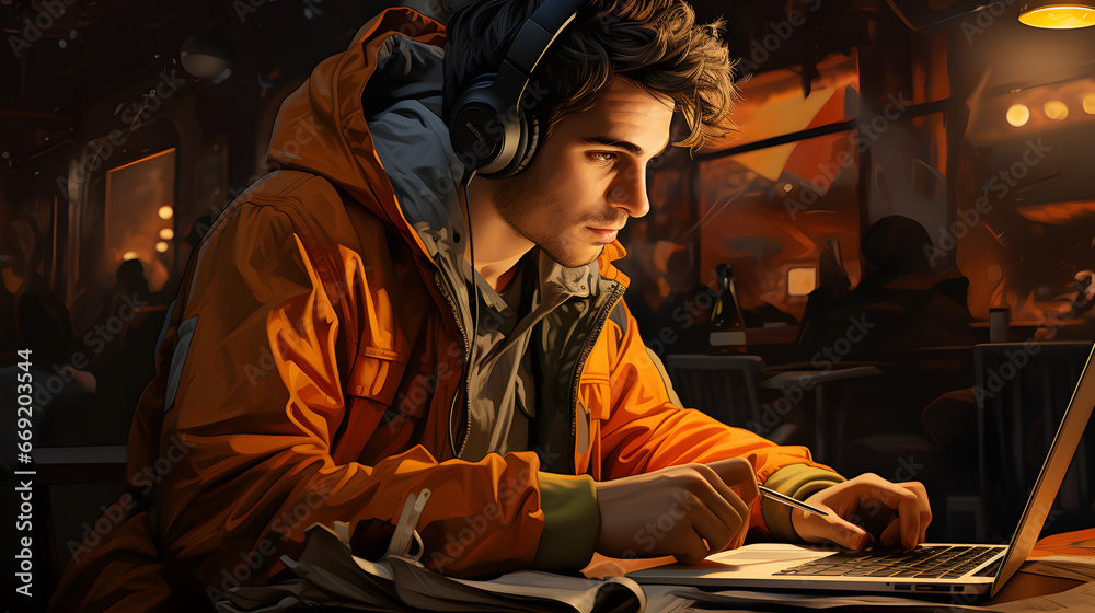A young man studying while listening to music